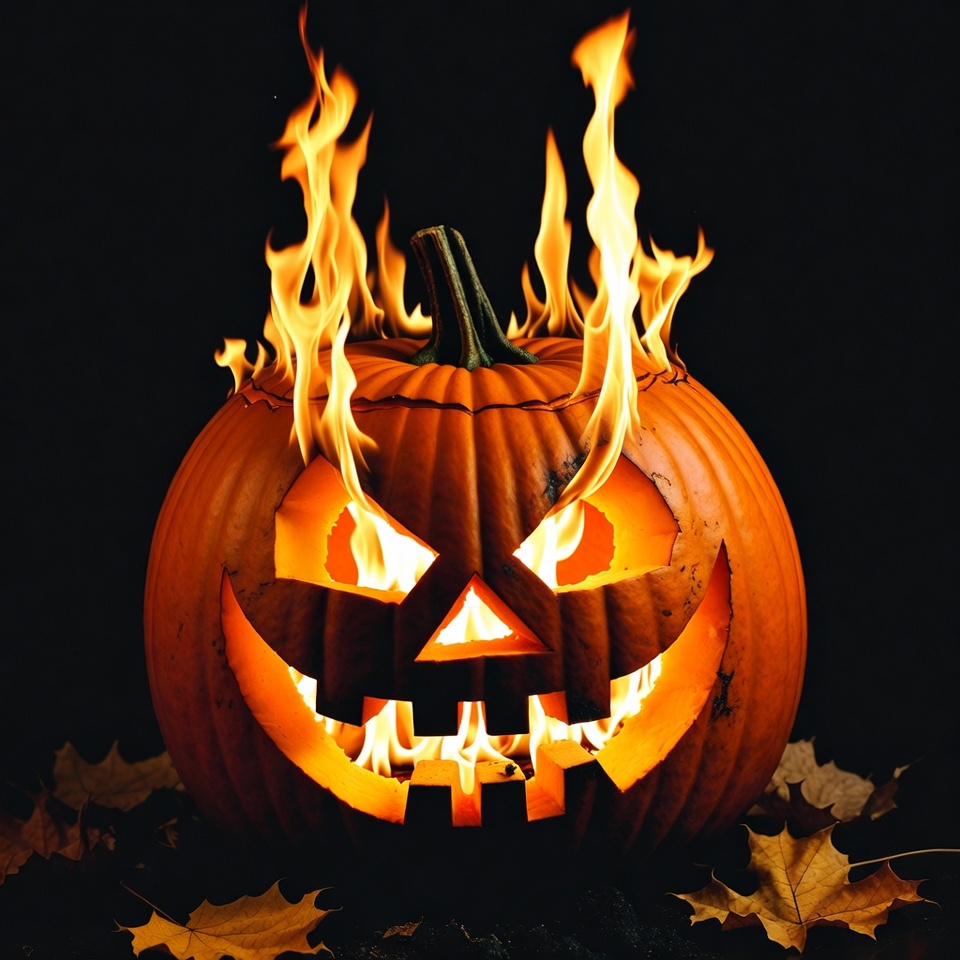 Flaming Jack-o'-lantern on Leaves Flaming Jack-o'-lantern on Leaves