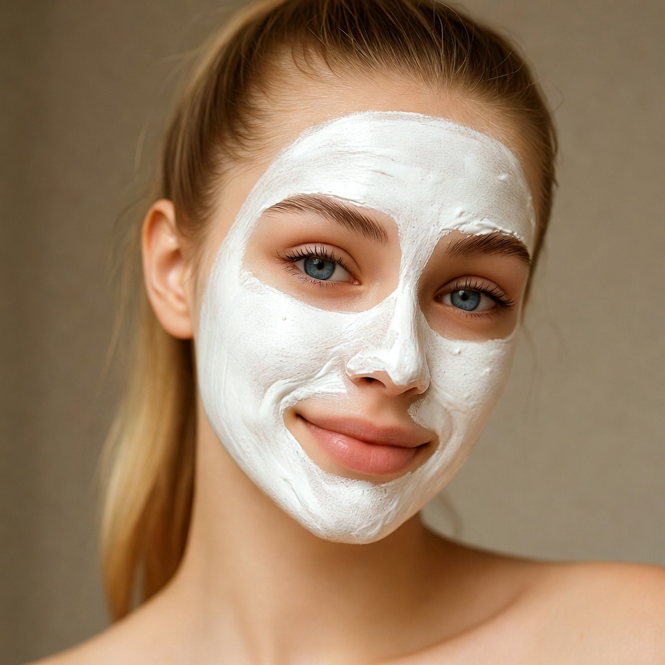Woman with white face mask smiling Woman with white face mask smiling