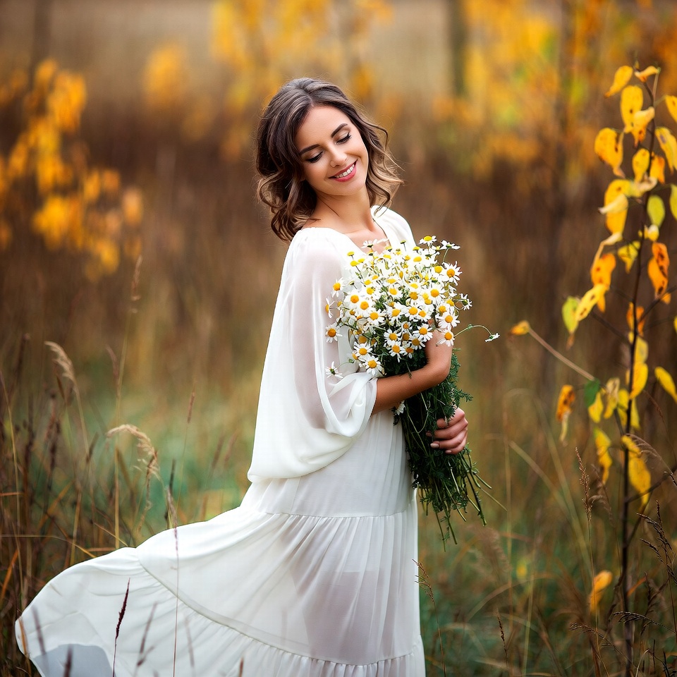 Woman holding daisies in autumn field Woman holding daisies in autumn field
