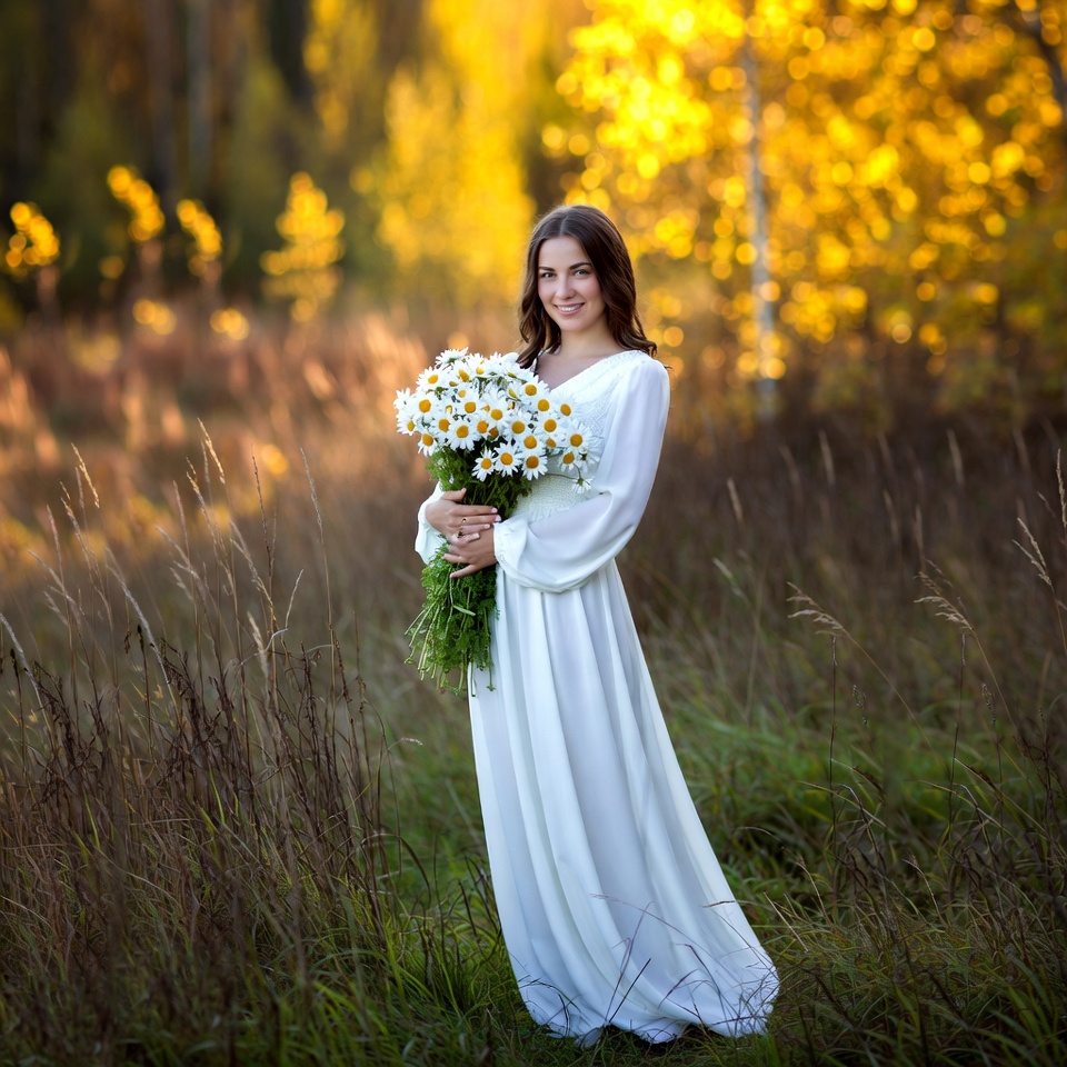 Woman holding daisies in autumn field Woman holding daisies in autumn field