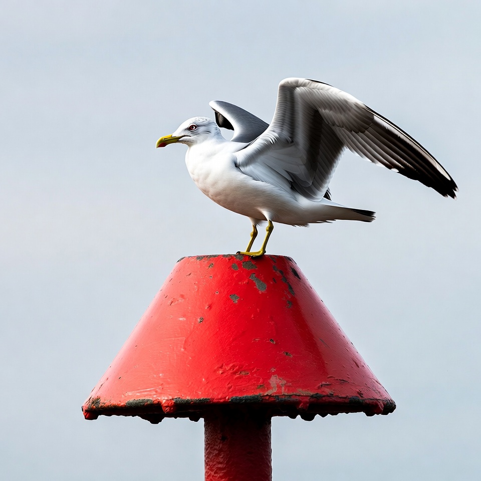 Gull perched on red buoy Gull perched on red buoy