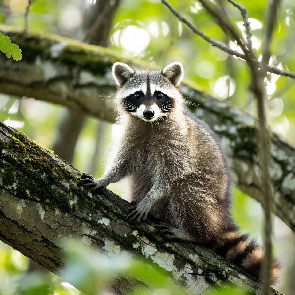 Raccoon sitting on tree branch Raccoon sitting on tree branch