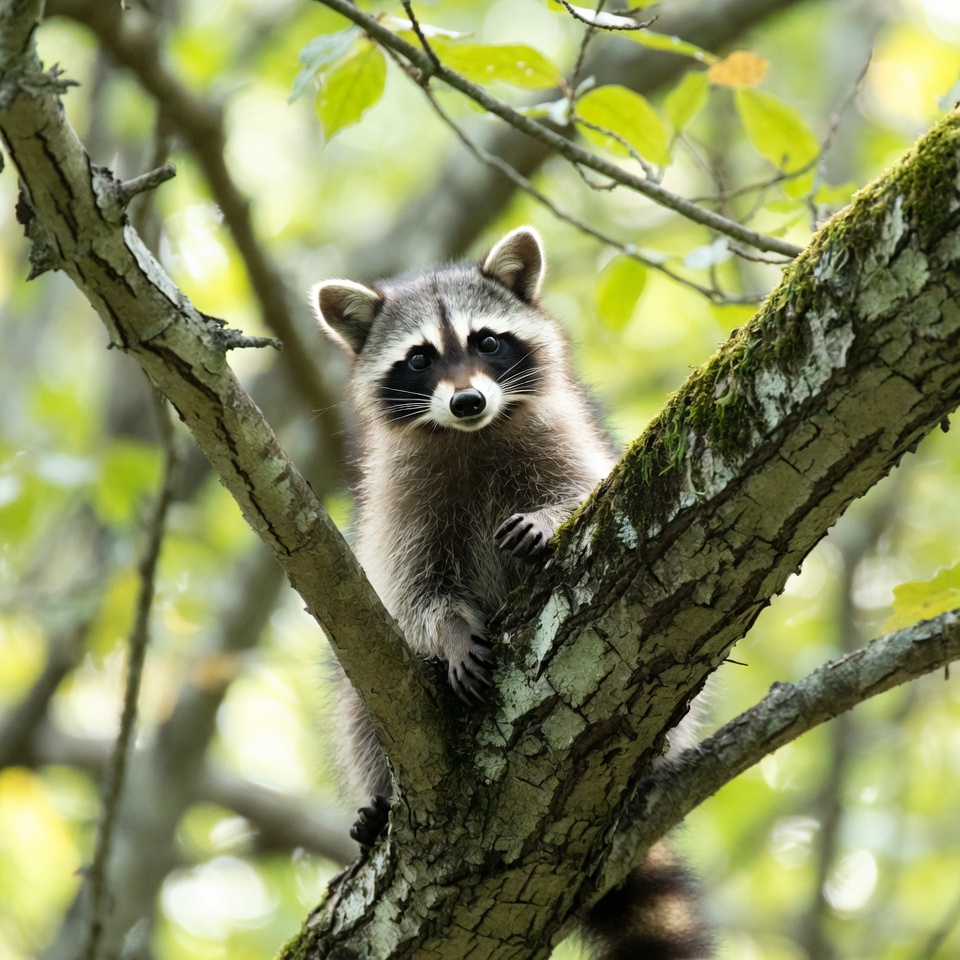 Raccoon on tree branch Raccoon on tree branch