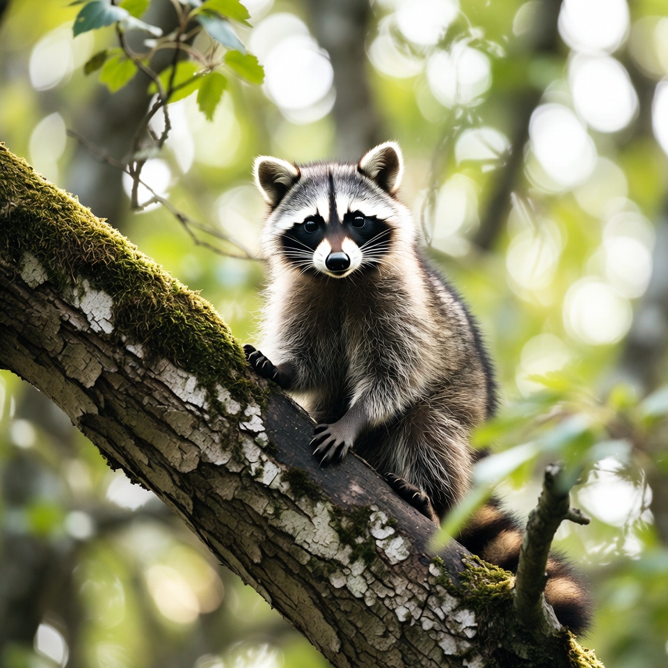 Raccoon perched on mossy tree branch Raccoon perched on mossy tree branch