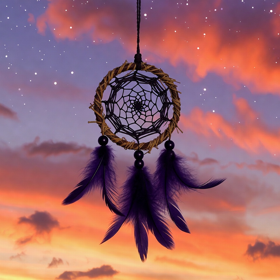 Dreamcatcher with purple feathers on starry sunset sky Dreamcatcher with purple feathers on starry sunset sky