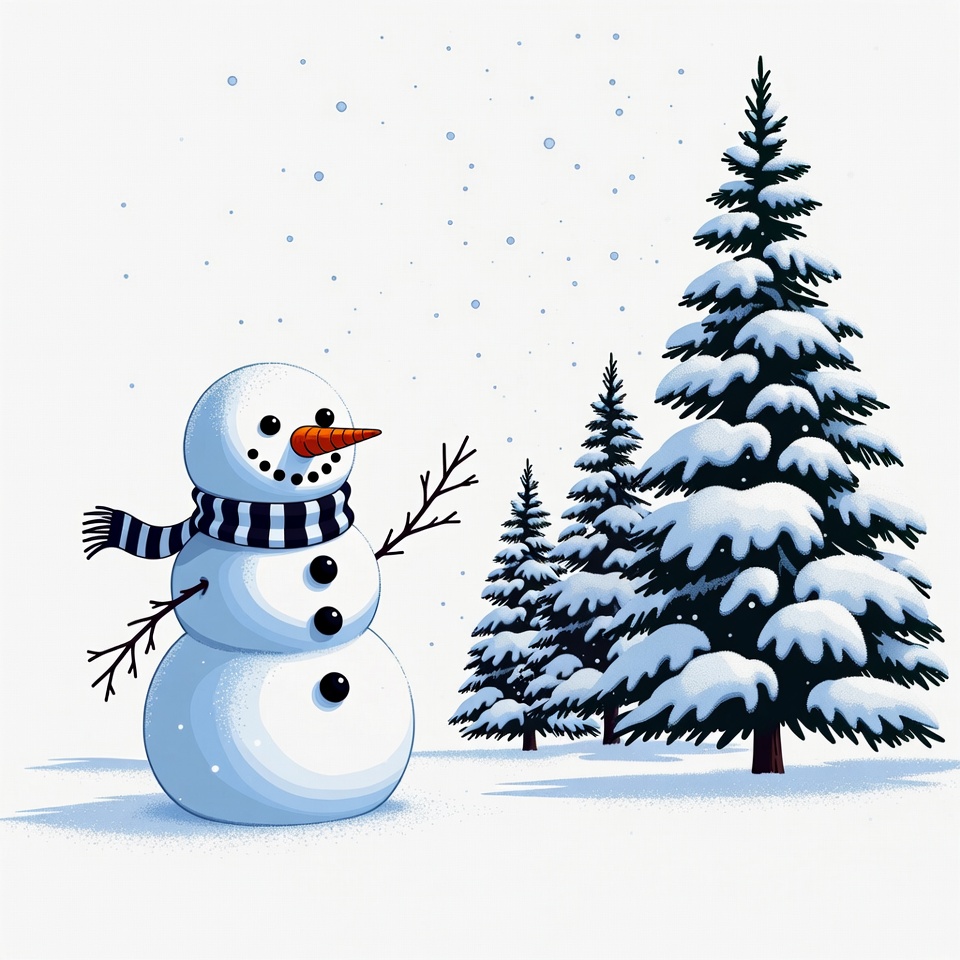 Snowman with Scarf and Pine Trees Snowman with Scarf and Pine Trees