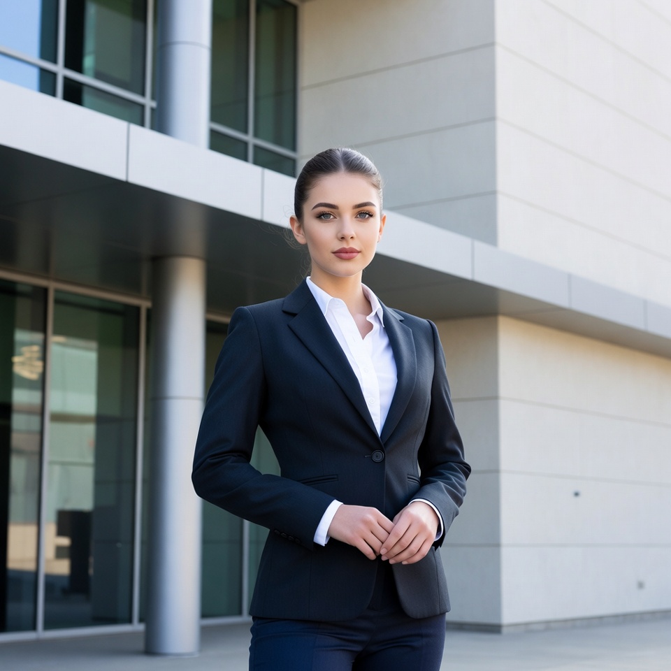 Woman in black suit outside modern building Woman in black suit outside modern building