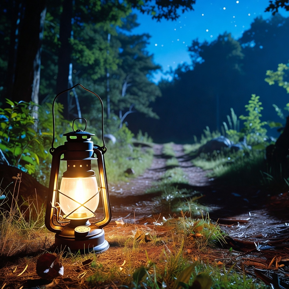 Lantern on Forest Path at Night Lantern on Forest Path at Night