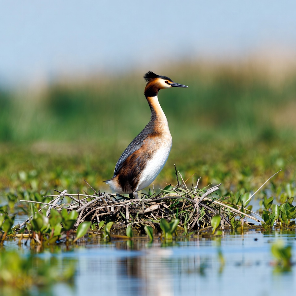 Grebe on nest in water Grebe on nest in water