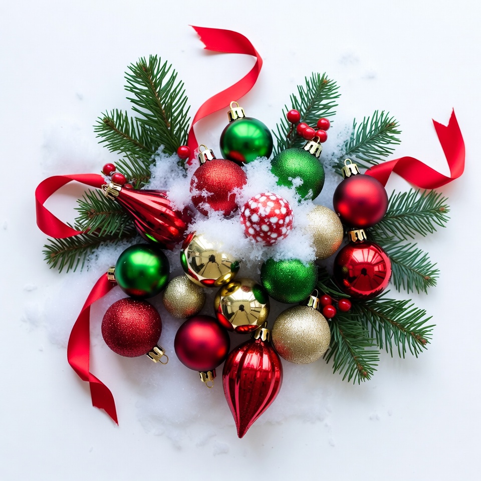 Christmas Ornaments with Pine Branches and Snow Christmas Ornaments with Pine Branches and Snow