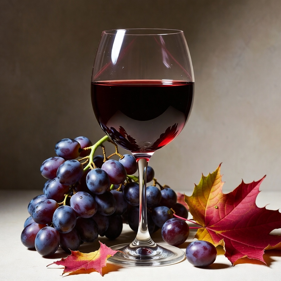 Red Wine Glass with Grapes and Autumn Leaves Red Wine Glass with Grapes and Autumn Leaves