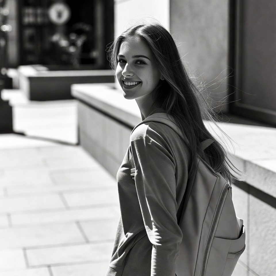 Smiling woman with backpack walking Smiling woman with backpack walking