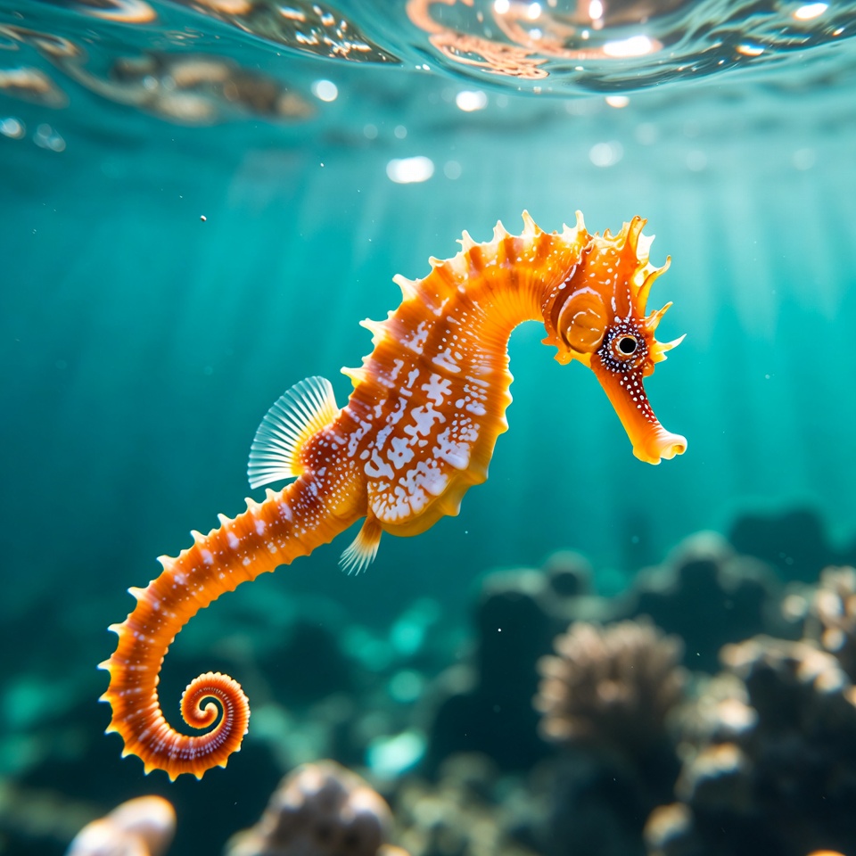 Orange Seahorse Swimming Underwater Orange Seahorse Swimming Underwater