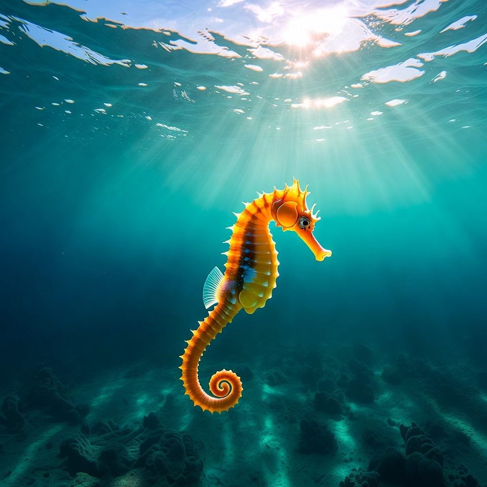 Seahorse in turquoise underwater sunlight Seahorse in turquoise underwater sunlight