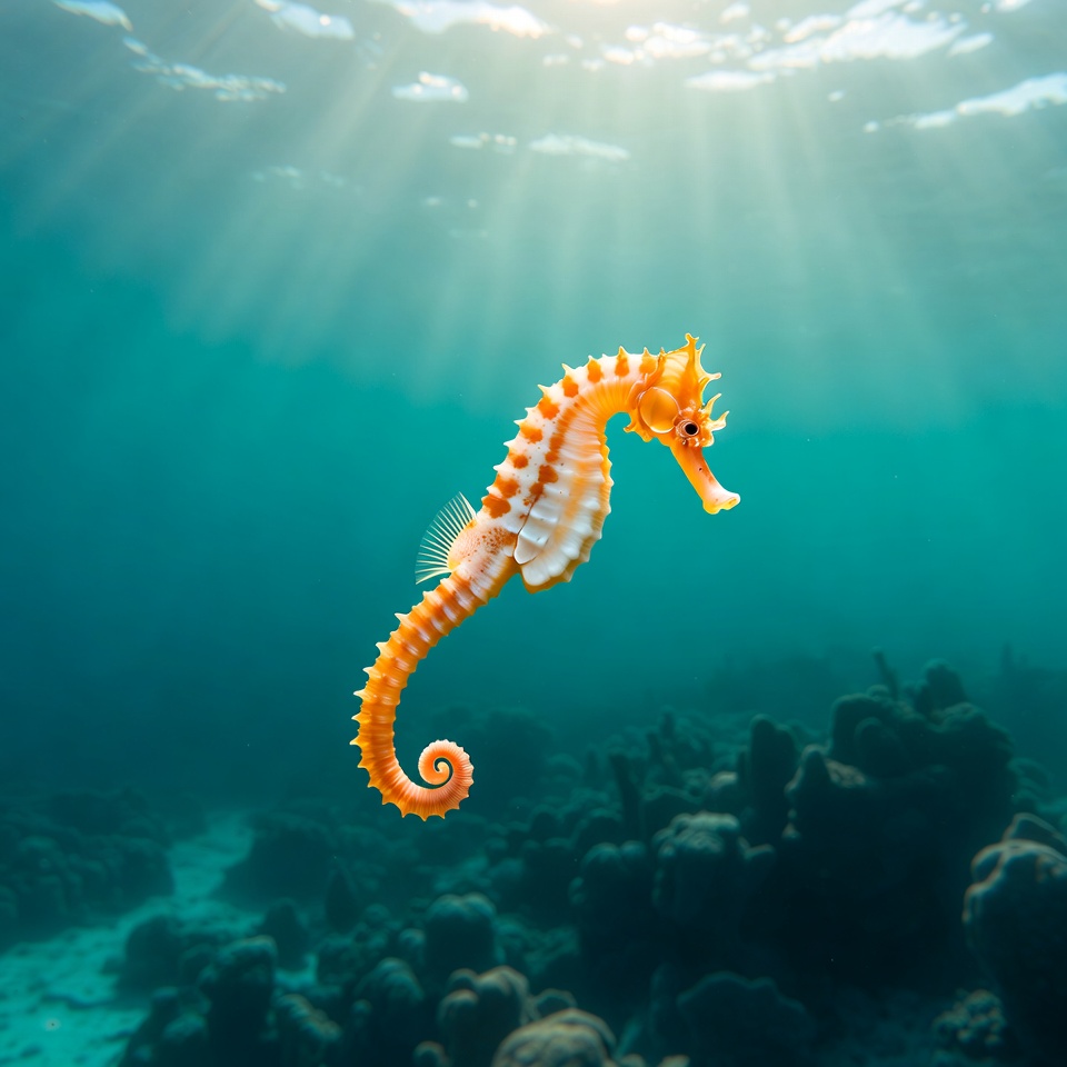 Orange Seahorse in Sunlit Underwater Coral Orange Seahorse in Sunlit Underwater Coral