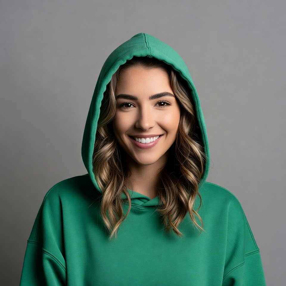 Smiling woman in green hoodie Smiling woman in green hoodie