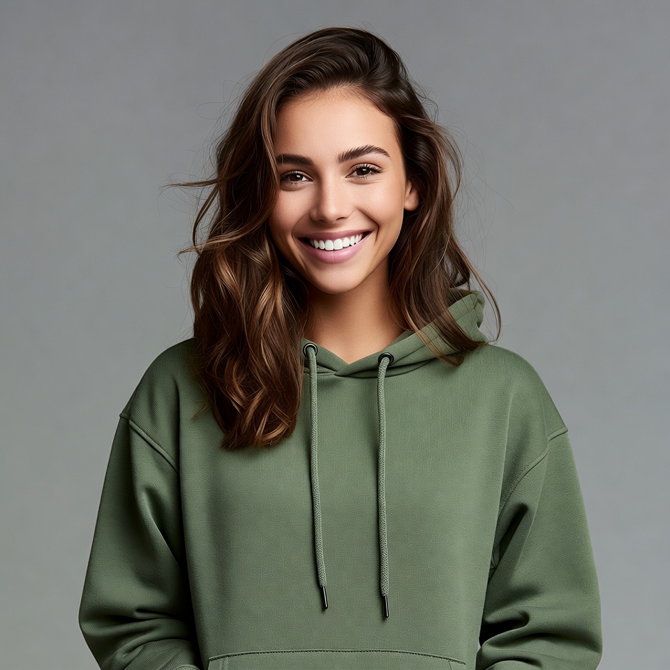 Smiling woman in green hoodie Smiling woman in green hoodie
