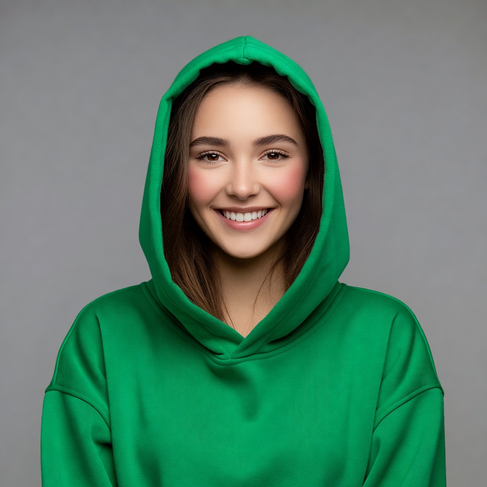 Smiling woman in green hoodie Smiling woman in green hoodie
