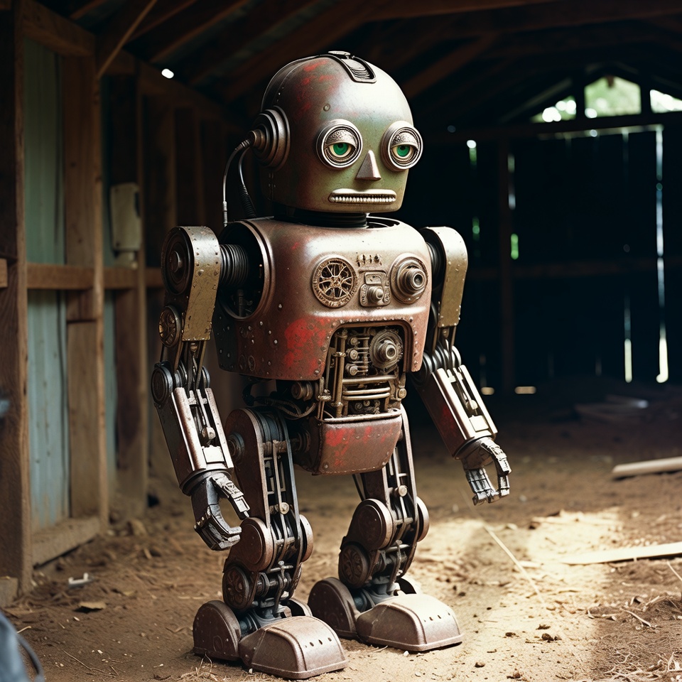 Rusty robot standing in barn Rusty robot standing in barn