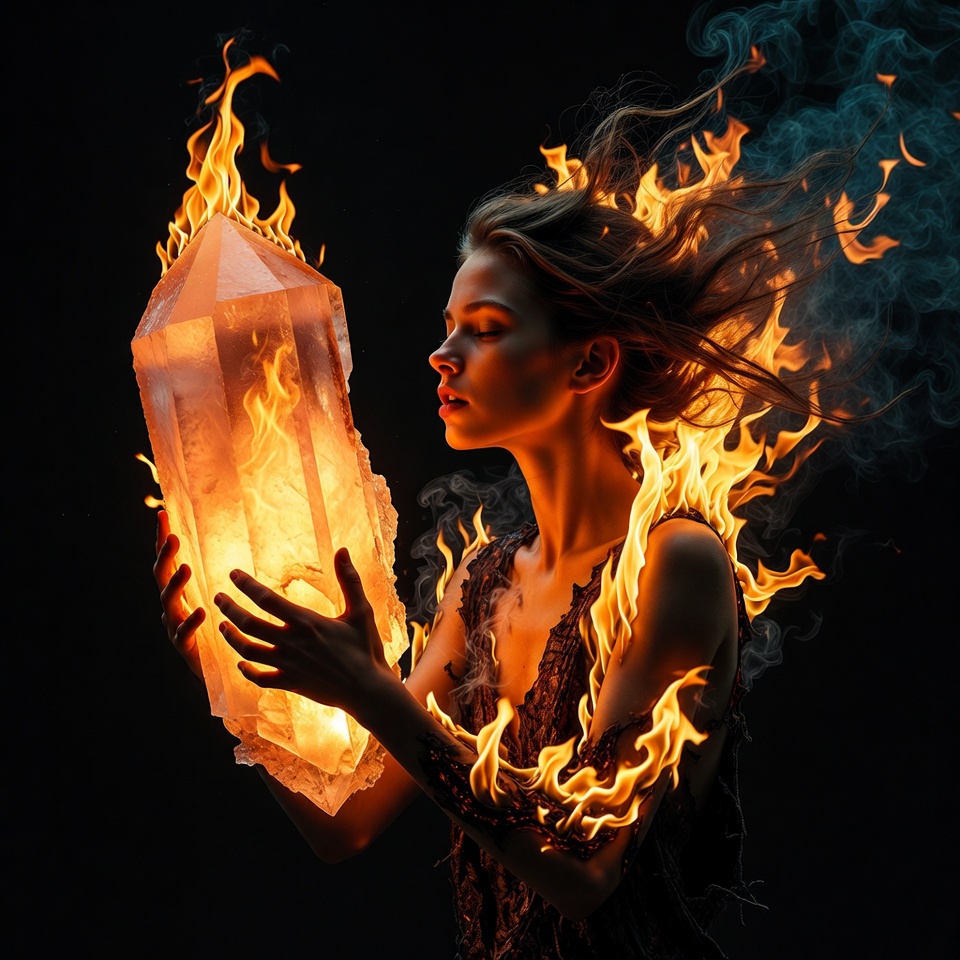 Woman holding fiery crystal Woman holding fiery crystal