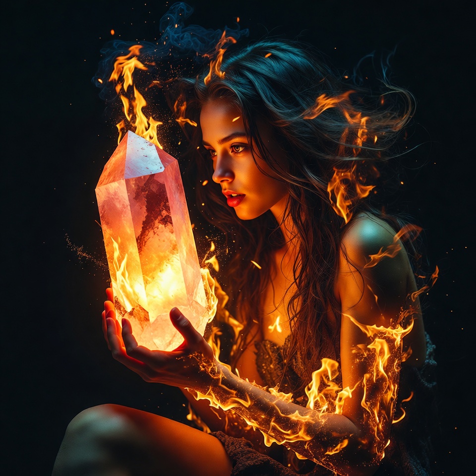 Woman holding fiery crystal Woman holding fiery crystal