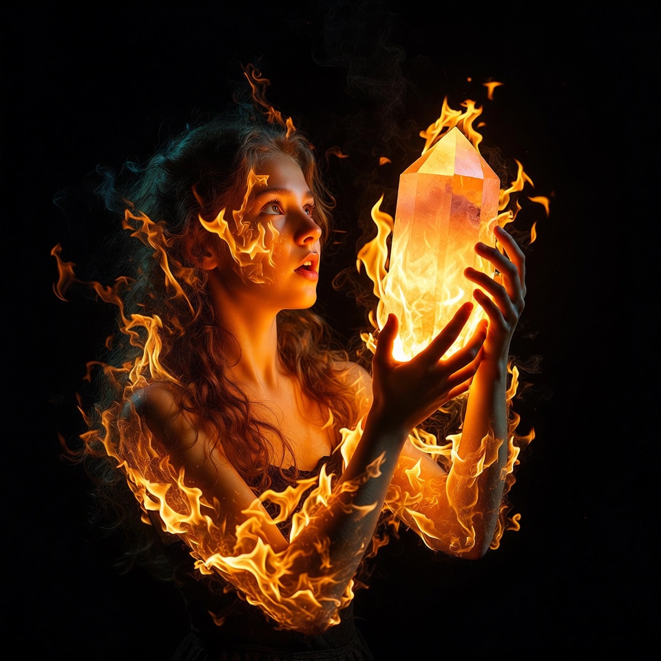 Woman holding fiery crystal Woman holding fiery crystal