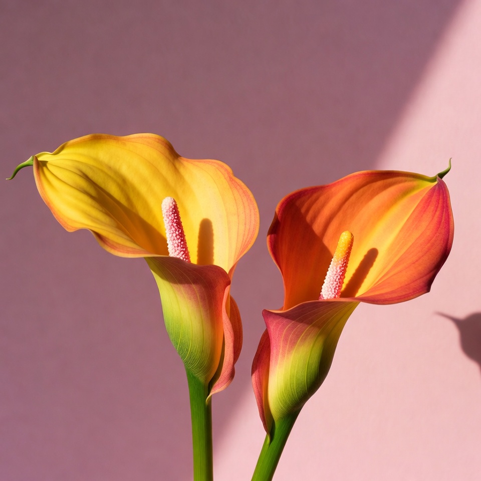 Two Colorful Calla Lilies on Pink Background Two Colorful Calla Lilies on Pink Background
