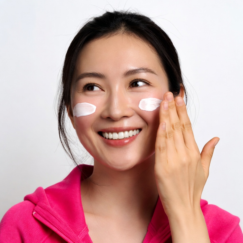 Asian woman applying face cream Asian woman applying face cream