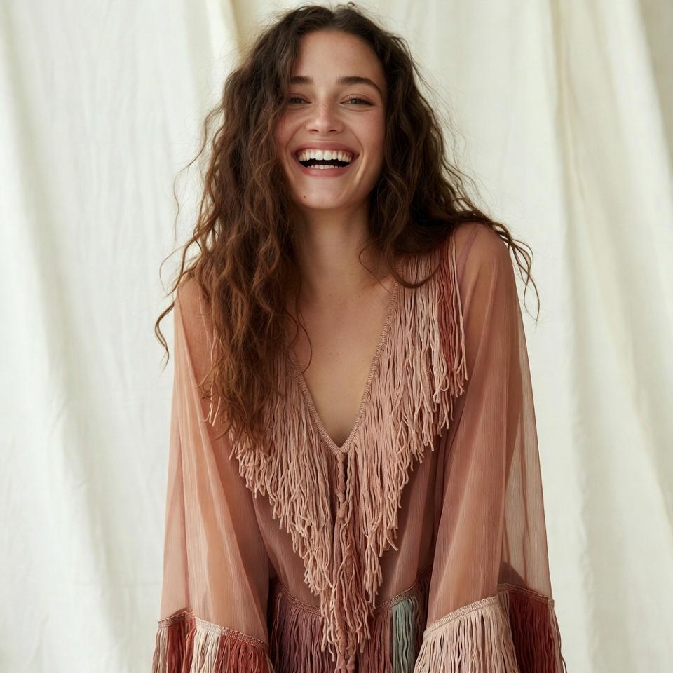 Smiling woman in fringed dress Smiling woman in fringed dress