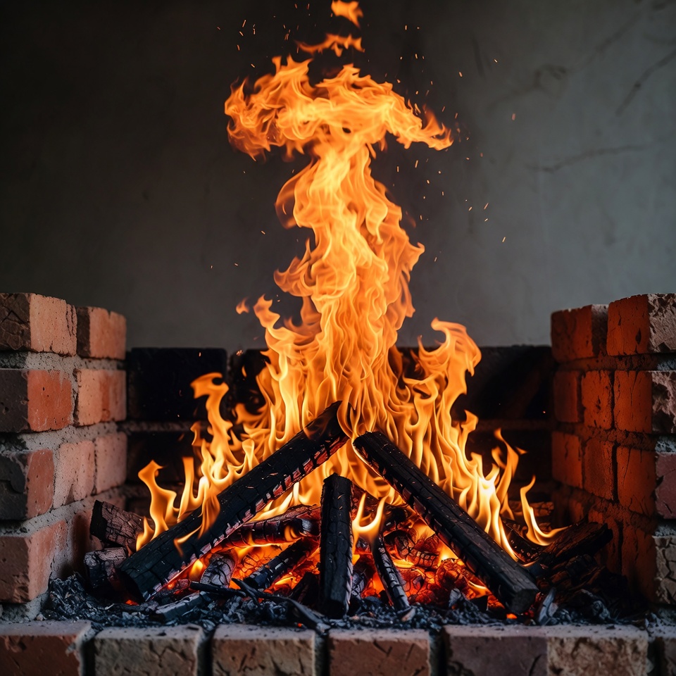 Blazing Fire in Brick Fireplace Blazing Fire in Brick Fireplace