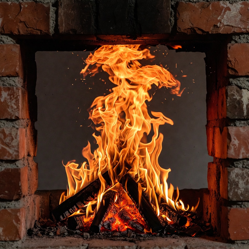 Blazing Fire in Brick Fireplace Blazing Fire in Brick Fireplace