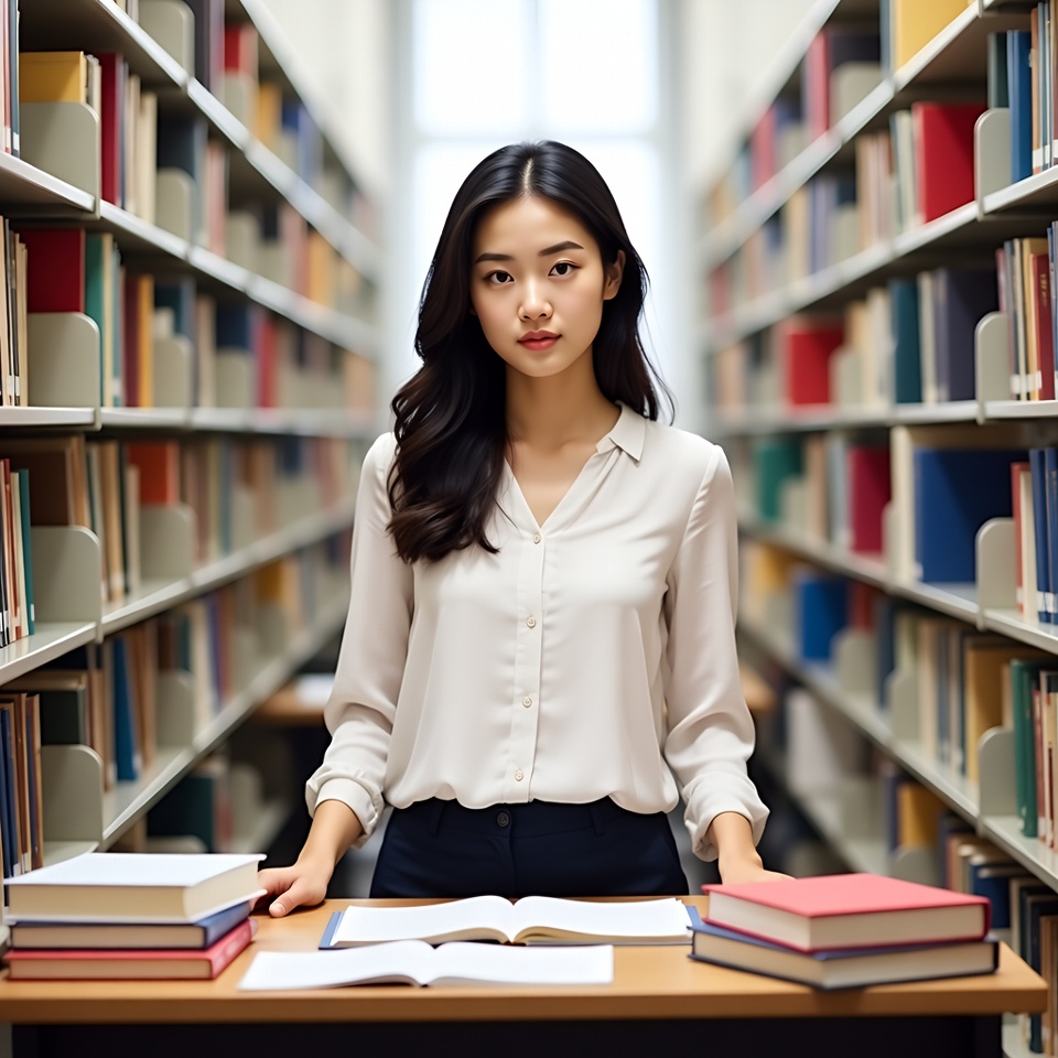 Asian woman at library desk Asian woman at library desk