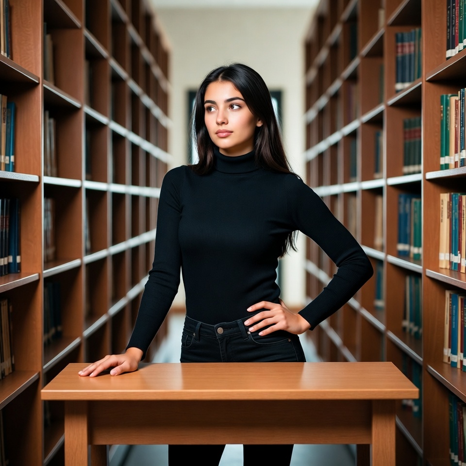 Woman standing at table in library Woman standing at table in library