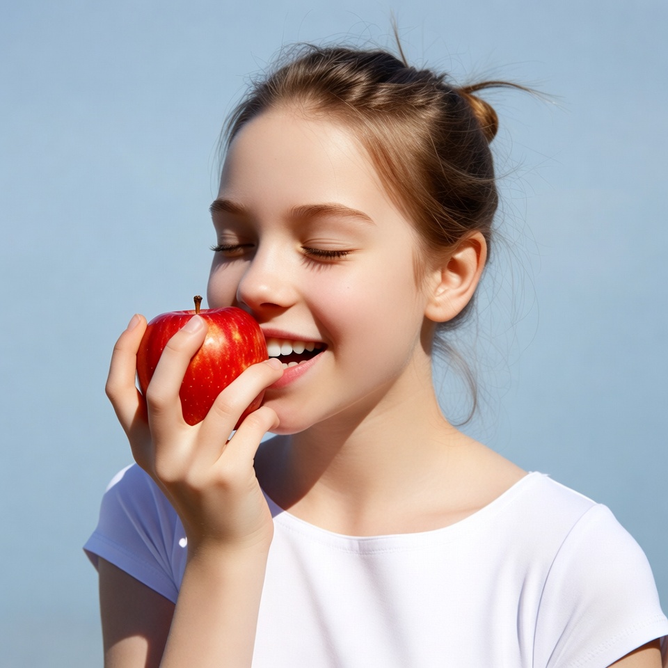 Girl biting red apple Girl biting red apple