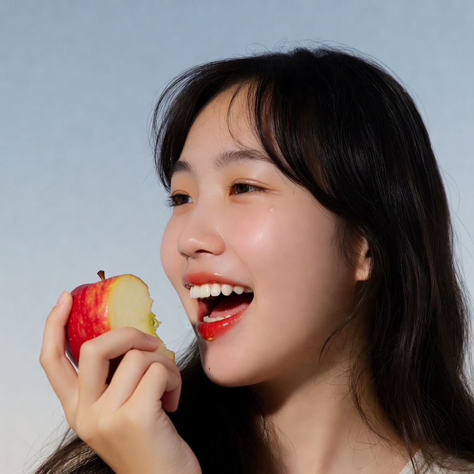 Asian girl biting red apple Asian girl biting red apple