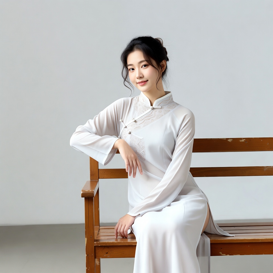 Asian woman in white cheongsam on bench Asian woman in white cheongsam on bench