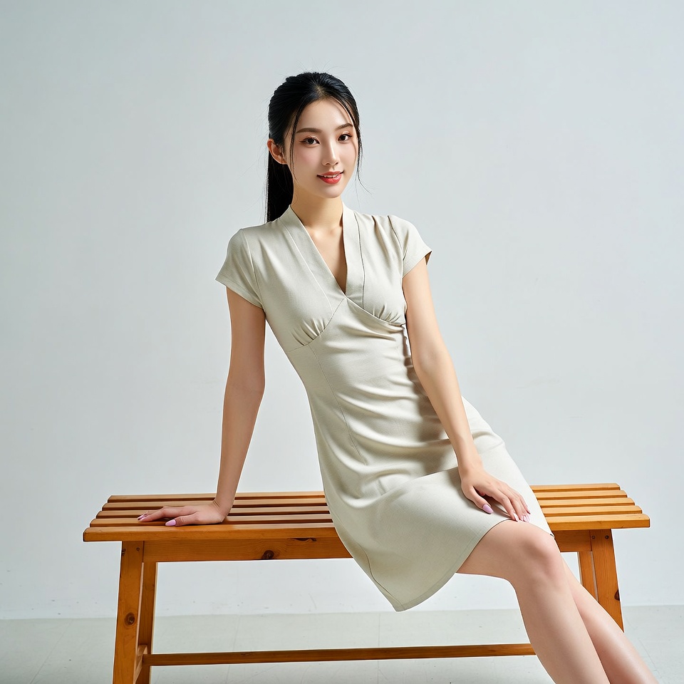 Asian woman in beige dress on bench Asian woman in beige dress on bench