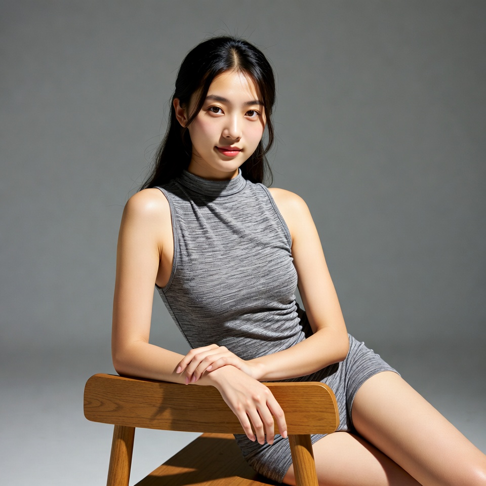 Asian woman in gray sleeveless jumpsuit Asian woman in gray sleeveless jumpsuit