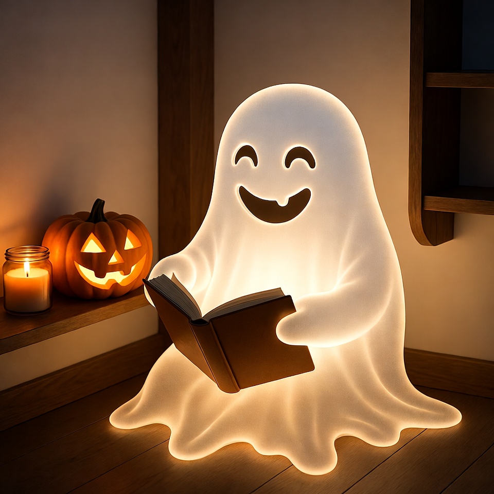 Cute ghost reading book with pumpkins Cute ghost reading book with pumpkins