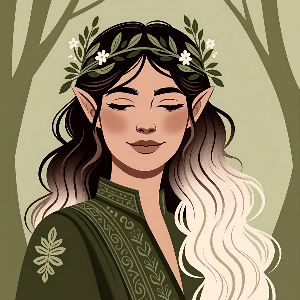 Elf woman with laurel wreath in forest Elf woman with laurel wreath in forest
