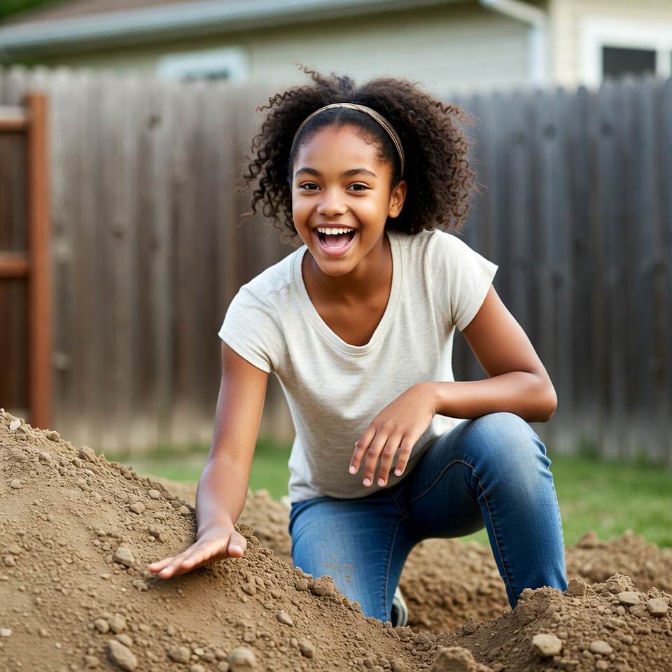 African-American girl digging in backyard dirt African-American girl digging in backyard dirt