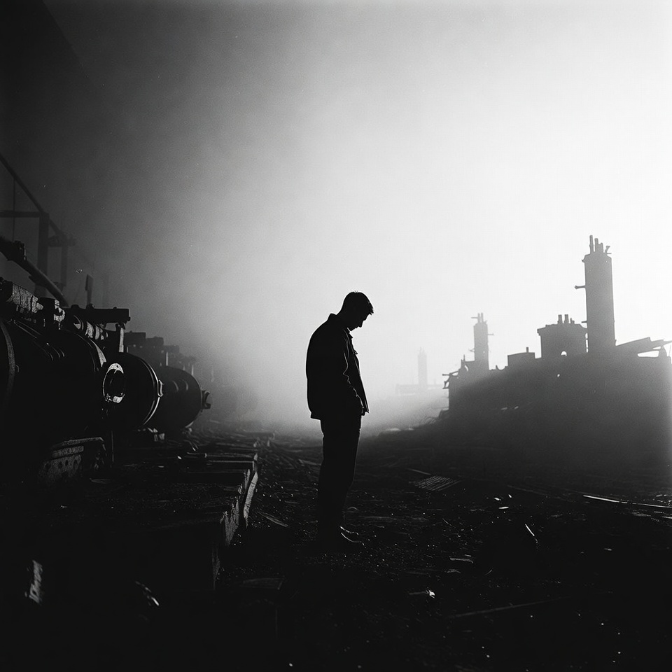 Silhouette man standing on foggy train tracks Silhouette man standing on foggy train tracks