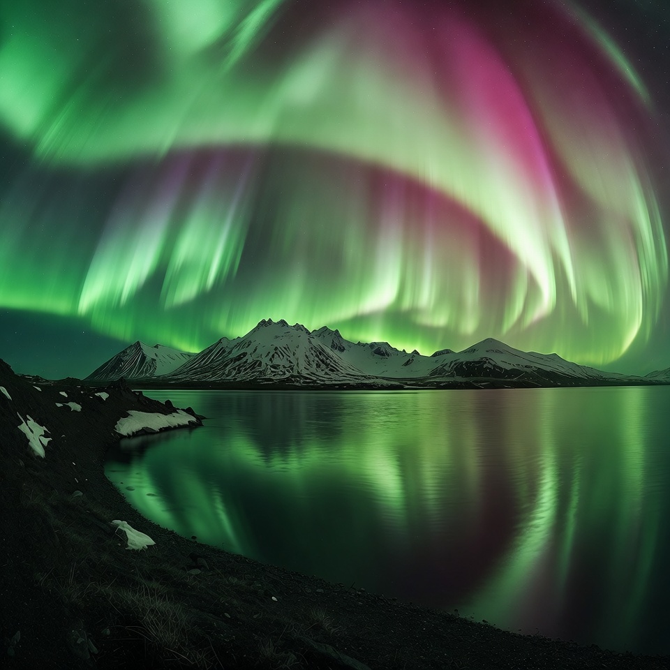 Northern Lights over Snowy Mountains and Lake Northern Lights over Snowy Mountains and Lake