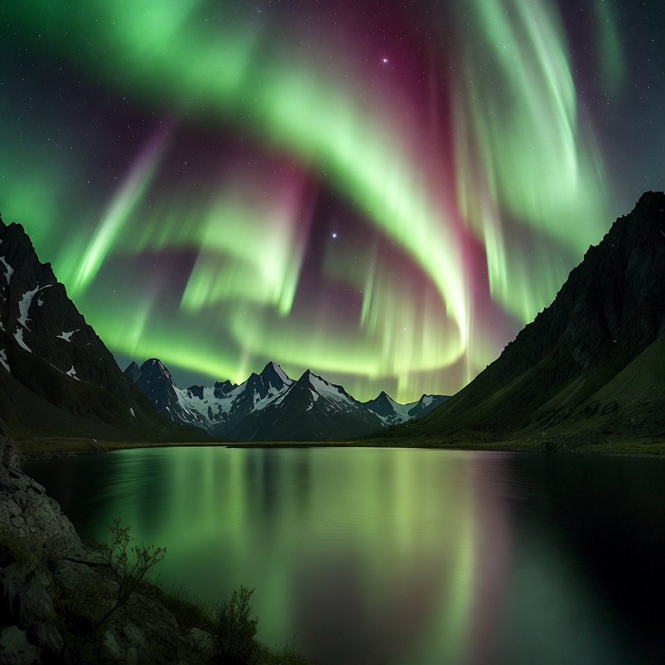 Northern Lights over Mountains and Lake Northern Lights over Mountains and Lake