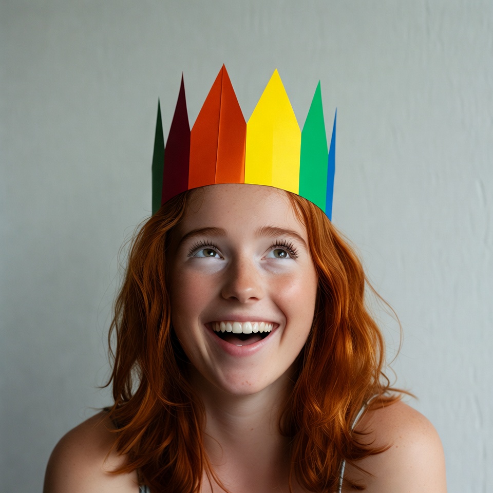 Girl wearing rainbow paper crown Girl wearing rainbow paper crown