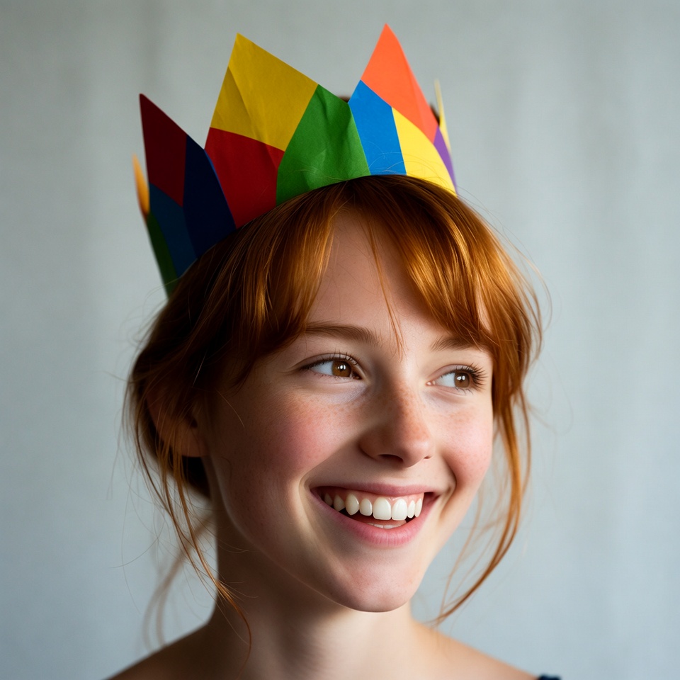 Girl smiling with colorful paper crown Girl smiling with colorful paper crown