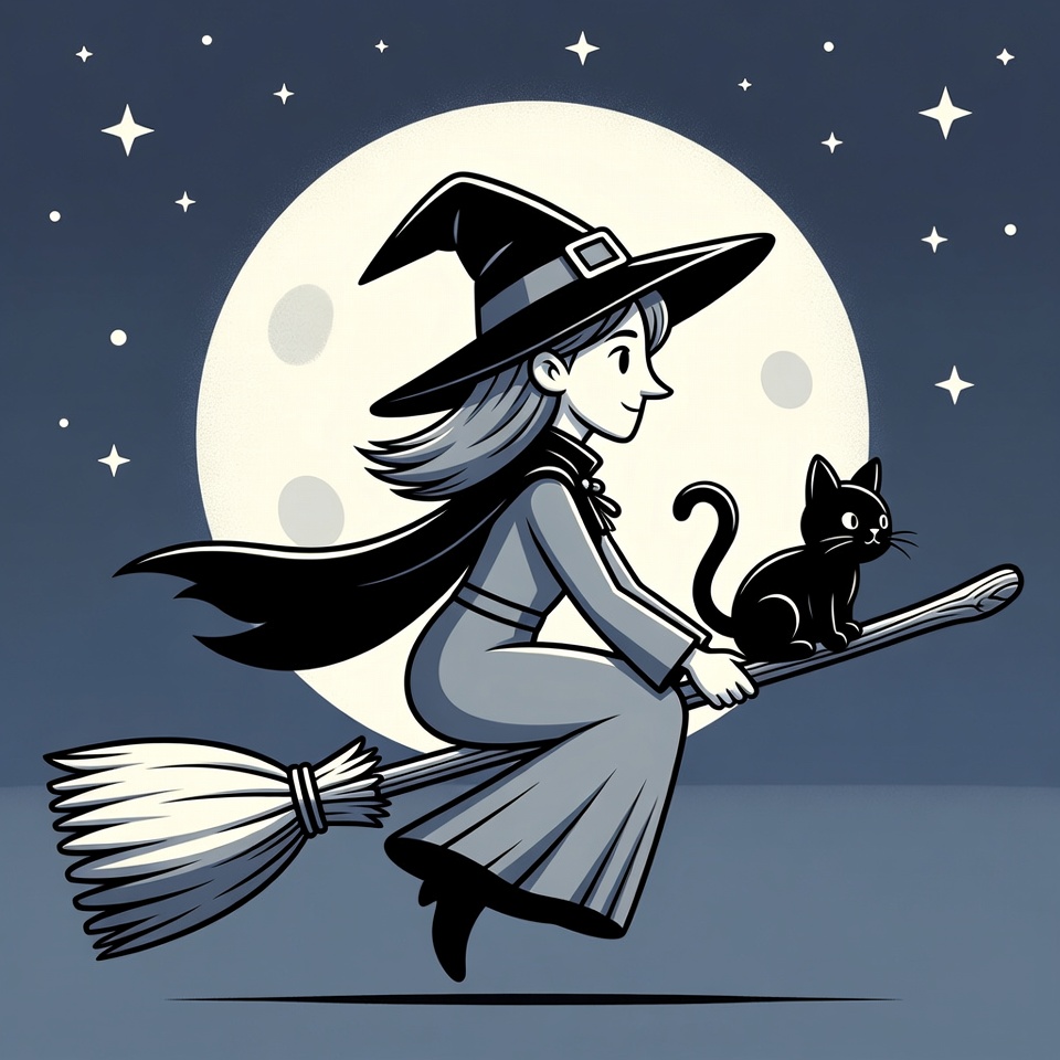 Cartoon witch flying on broomstick Cartoon witch flying on broomstick