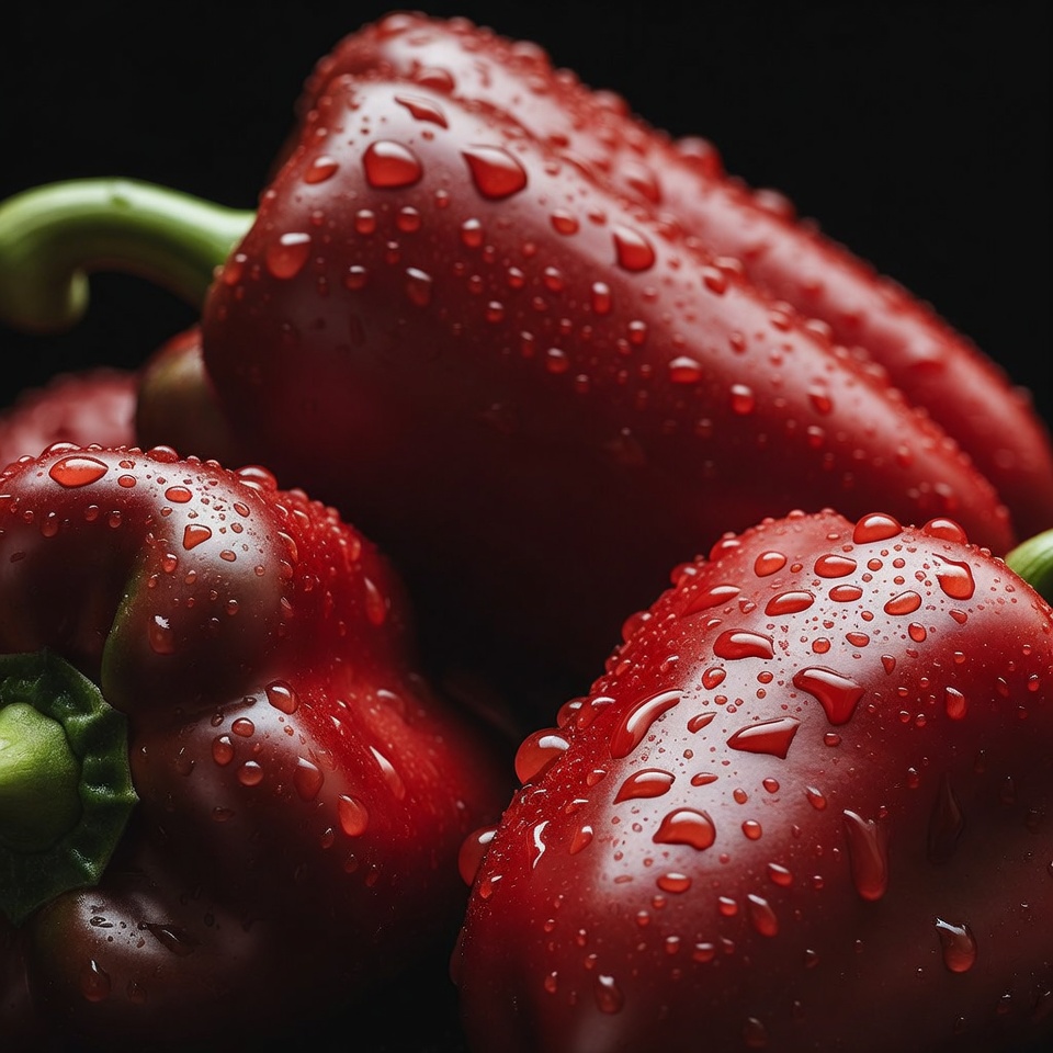 Fresh Red Bell Peppers with Water Droplets Fresh Red Bell Peppers with Water Droplets