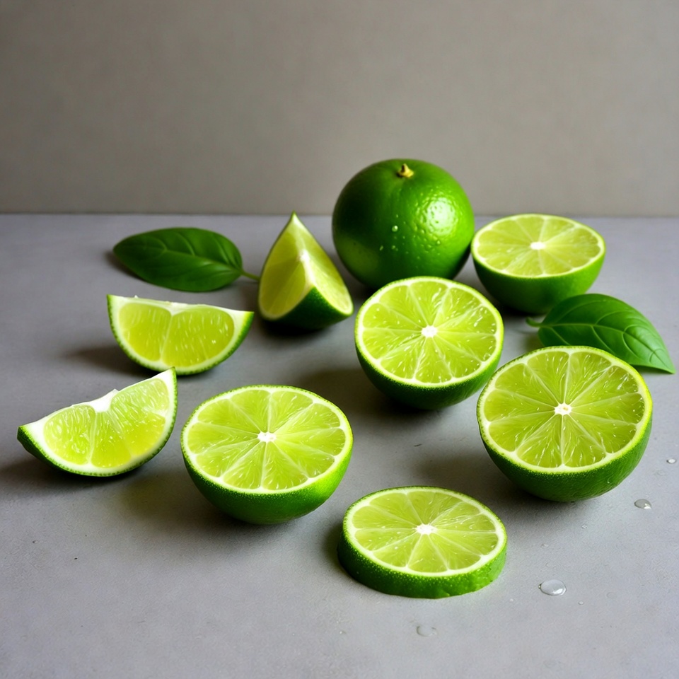 Fresh Sliced Limes with Leaves Fresh Sliced Limes with Leaves