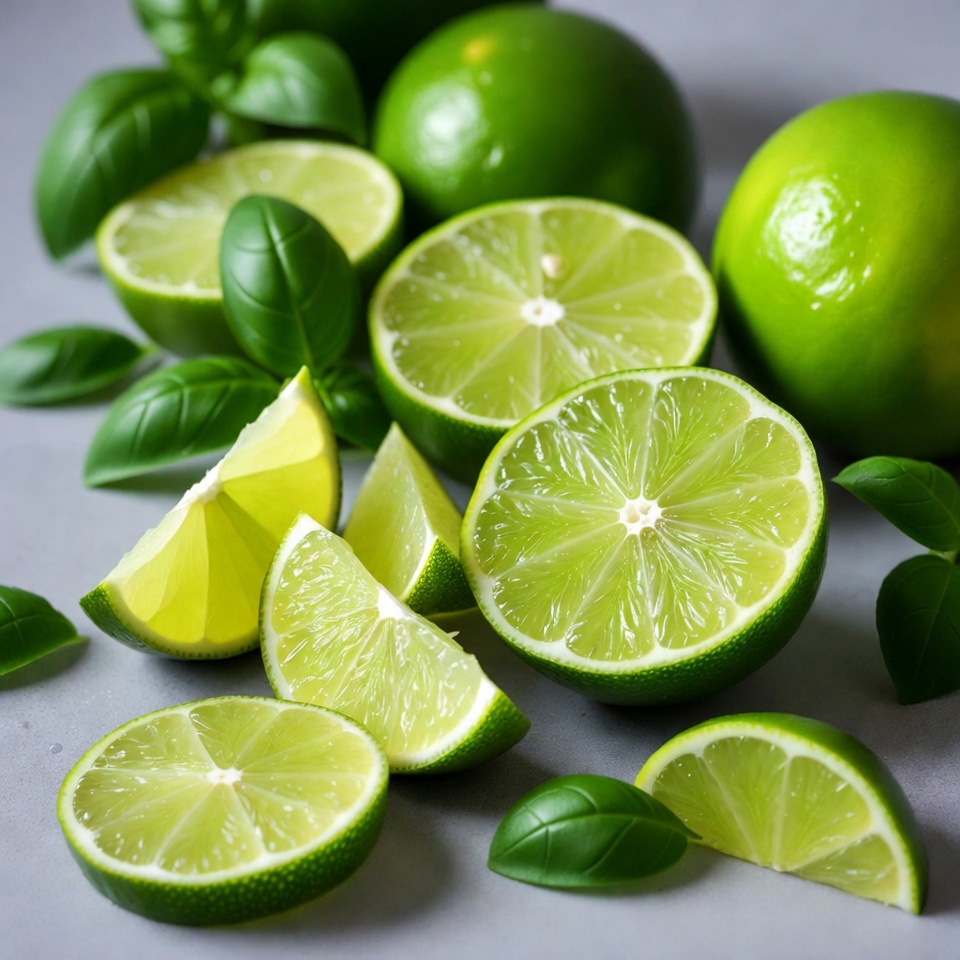 Fresh Limes with Basil Leaves Fresh Limes with Basil Leaves